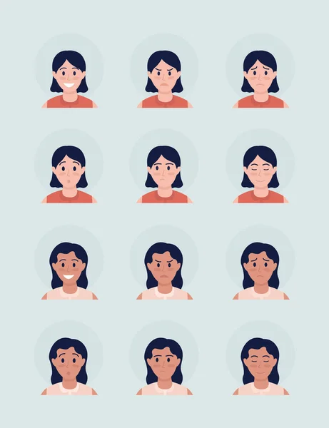 Diverse Girls Face Expressions Semi Flat Color Vector Character Avatar — Stock Vector