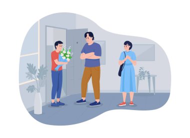 Ergenlik çağındaki 2D vektör izole çizimi. Kızgın baba, çizgi film geçmişinde inançsız düz karakterli kız sevgilisine bakıyor. Gençlerin romantik ilişkileri renkli sahneler