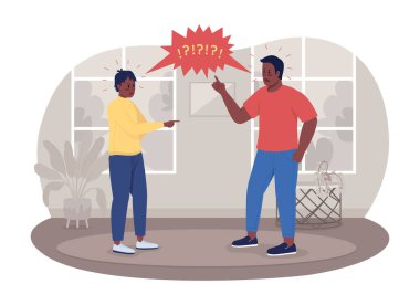 Ebeveyn-ergen çatışması 2D vektör izole çizimi. Öfkeli baba, çizgi film arka planındaki sinirli genç oğlana bağırıyor. Renkli evdeki çocuğun sesi yükseliyor.