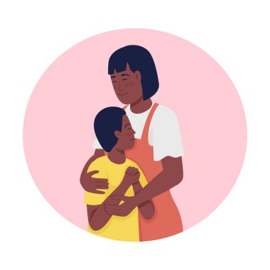 Ebeveyn ve çocuk ilişkileri 2D vektör izole çizimi. Gülümseyen anne çizgi film arka planında genç oğluna sarılıyor. Sevgi ve destek gösterme Renkli sahne