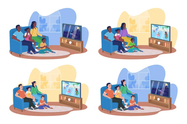 Ver Televisión Con Familia Vector Aislado Conjunto Ilustración Padres Con — Vector de stock