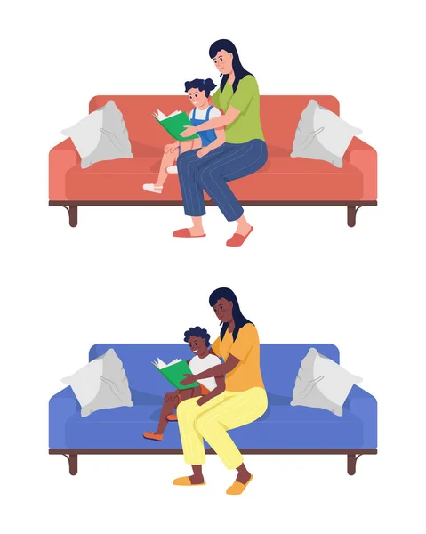 强化母键半平面彩色矢量字符集 全身白皙的人与孤立的现代卡通风格图集一起阅读书籍 用于平面设计和动画 — 图库矢量图片