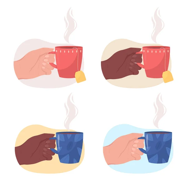 Холдинг Чашку Чая Плоского Цвета Векторные Иллюстрации Набор Уютный Напиток — стоковый вектор
