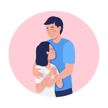 Ebeveyn ve çocuğun 2D vektör birleştirmesi izole bir çizim. Mutlu bir baba çizgi film arka planında genç kızına sarılıyor. Sevgi ve destek dolu, renkli bir sahne.