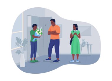 Kızının erkek arkadaşı 2D vektör izole çizim. Sinirli baba, karikatür arkaplanındaki şüphe uyandıran düz karakterlere bakar. Ebeveyn ilişkisi Renkli sahne