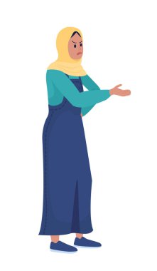 Genç kadın yarı düz renk vektör karakterini eleştiriyor. Poz figürü. Beyazın üzerinde tam vücut insan. Ergenlik, grafik tasarım ve animasyon için izole edilmiş modern çizgi film stili çizimi