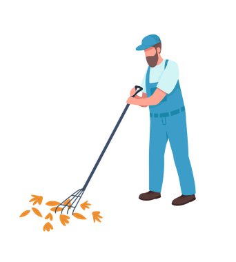 Temizlikçi, tırmık yarı düz renk vektör karakterli yaprakları topluyor. Dinamik figür. Beyazın üzerinde tam vücut insan. Grafik tasarım ve animasyon için izole edilmiş modern karikatür stili çizimi