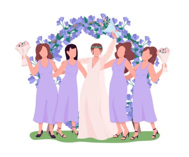 Yarı düz renk vektör karakterler resepsiyonunda nedime ile gelin. Poz figürleri. Beyazın üstüne tüm vücudu olan insanlar. Düğün, grafik tasarım ve animasyon için izole edilmiş modern çizgi film stili çizimi