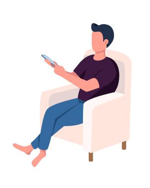 Koltuktaki adam yarı düz renk vektör karakteri. Dinlenen figür. Beyazın üzerinde tam vücut insan. Konforlu yaşam tarzı, grafik tasarım ve animasyon için izole edilmiş modern çizgi film stili çizimi
