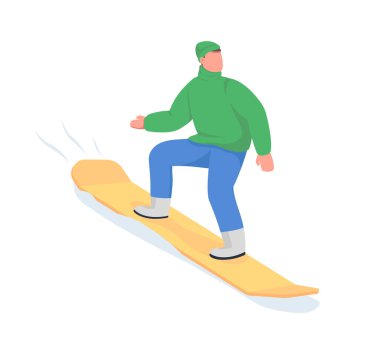 Snowboard yarı düz renk vektör karakterli bir adam. Poz figürü. Beyazın üzerinde tam vücut insan. Kış sporu, grafik tasarım ve animasyon için modern çizgi film stili çizimlerini izole etti