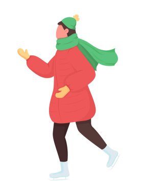 Kış montlu heyecanlı adam yarı düz renk vektör karakteri. Dinamik figür. Beyazın üzerinde tam vücut insan. Kış mevsimi, grafik tasarım ve animasyon için modern çizgi film stili illüstrasyonunu izole etti