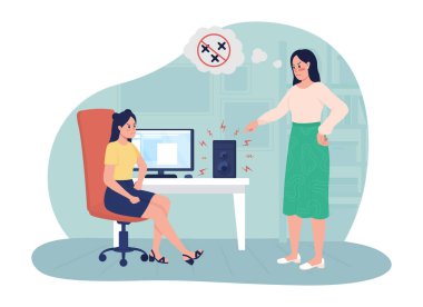 Yüksek sesle müzik çalmak 2D vektör izole çizim. Sinirli bir anne çizgi film arka planında gürültücü genç düz karakterleri azarlıyor. Ebeveyn çocuk çatışması. Kabul edilemez genç davranışı renkli bir sahne.