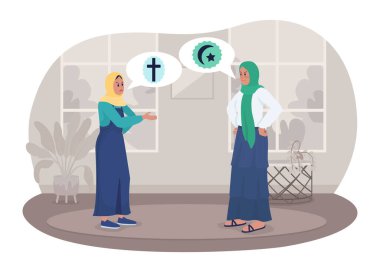 2D vektör ile izole edilmiş dini çatışmalar. Çizgi filmdeki düz karakterler hakkında annemle tartışan bir kız. Gençlerin renkli sahnelerine inanç özgürlüğü