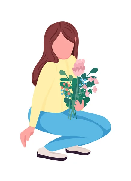Woman Picking Flowers Semi Flat Color Vector Character Dynamic Figure — Stock Vector