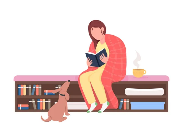 Κορίτσι Ανάγνωση Στο Σπίτι Ημι Επίπεδη Χρώμα Διανυσματικό Χαρακτήρα Αναπαύεται — Διανυσματικό Αρχείο