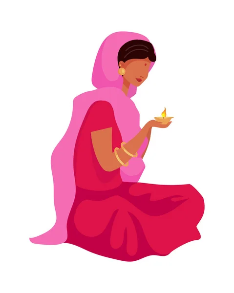 Ragazza Rosa Sari Preghiera Semi Piatta Carattere Vettoriale Colore Una — Vettoriale Stock