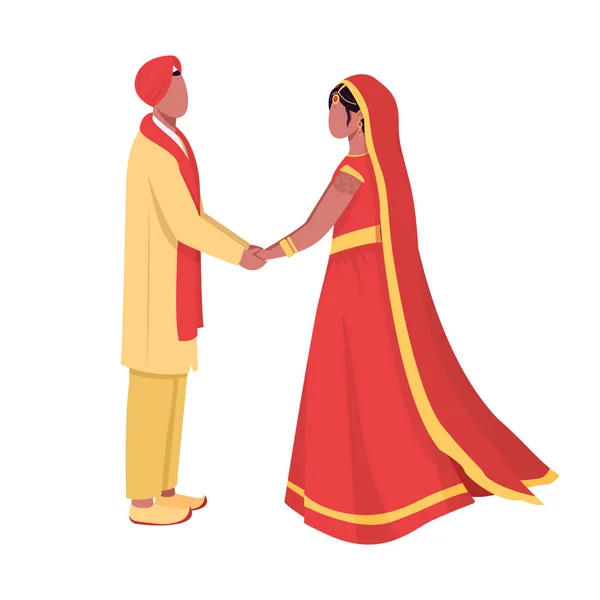 新婚夫妇在传统服装中的半扁平色彩矢量人物 全身白皙的人庆祝与婚礼隔离的现代漫画风格图解 用于平面设计和动画制作 — 图库矢量图片
