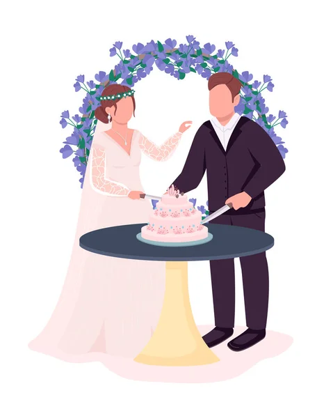 Recién Casados Corte Pastel Recepción Semi Plana Color Los Caracteres — Vector de stock