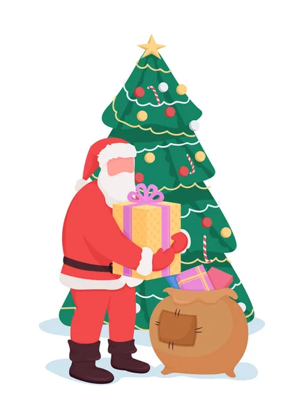 Santa Κοντά Χριστουγεννιάτικο Δέντρο Ημι Επίπεδη Χρώμα Διάνυσμα Χαρακτήρα Δυναμική — Διανυσματικό Αρχείο