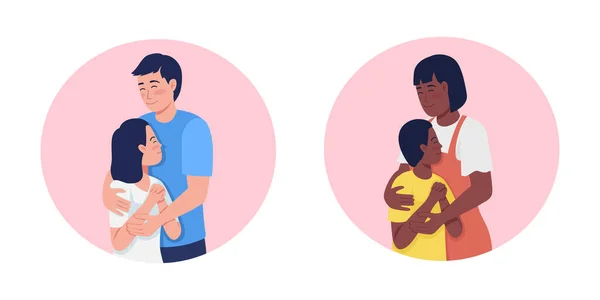 接收来自双亲2D向量隔离图集的温暖 妈妈和爸爸抱着孩子们在卡通片背景上的扁平角色 表达爱意和支持五彩斑斓的场景 — 图库矢量图片