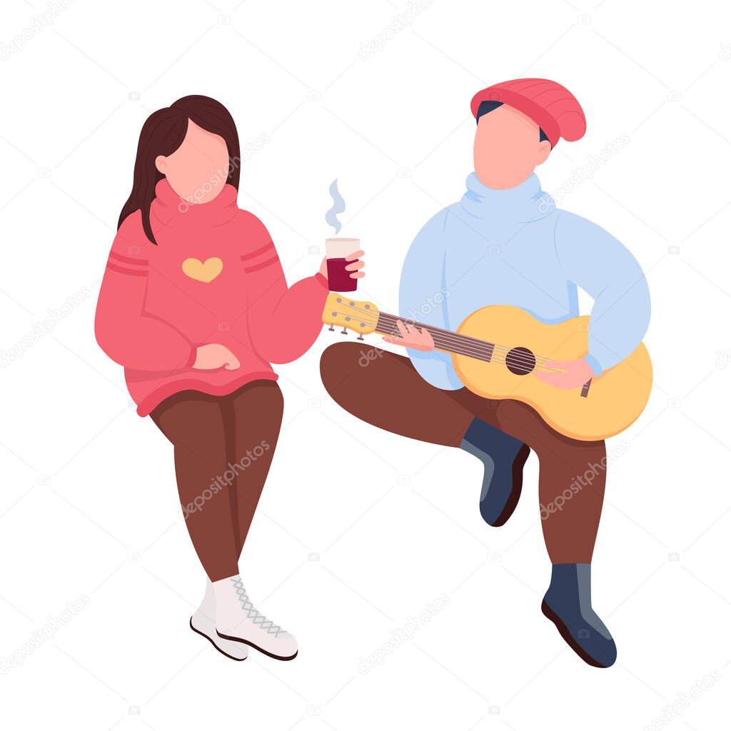 Couple outdoor activity semi flat color vector characters. Relaxing figures. Full body people on white. Autumn isolated modern cartoon style illustration for graphic design and animation