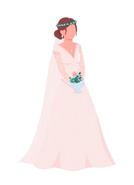 Yarı düz renk vektör karakterli zarif gelin. Poz figürü. Beyazın üzerinde tam vücut insan. Evlilik, grafik tasarım ve animasyon için modern karikatür stili çizimi