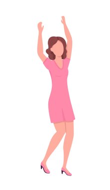 Pembe parti elbiseli kadın yarı düz renk vektör karakter. Dinamik figür. Beyazın üzerinde tam vücut insan. Grafik tasarım ve animasyon için modern karikatür stili çizimi