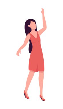 Kırmızı elbiseli kadın yarı düz renk vektör karakter. Dinamik figür. Beyazın üzerinde tam vücut insan. Grafik tasarım ve animasyon için izole edilmiş modern çizgi film stili çizimini kutla