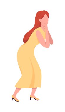 Resmi kıyafetli, yarı düz renk vektör karakterli sürpriz bir kadın. Dinamik figür. Beyazın üzerinde tam vücut insan. Heyecan, grafik tasarım ve animasyon için modern çizgi film stili illüstrasyonunu izole etti