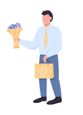 Romantik hediyeler veren adam yarı düz renk vektör karakter. Ayakta duran figür. Beyazın üzerinde tam vücut insan. Grafik tasarım ve animasyon için izole edilmiş modern çizgi film stili illüstrasyonunu tebrik edin