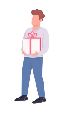 Şimdiki kutucuğu tutan adam yarı düz renk vektör karakteri. Ayakta duran figür. Beyazın üzerinde tam vücut insan. Parti, grafik tasarım ve animasyon için modern çizgi film stili illüstrasyonunu izole etti