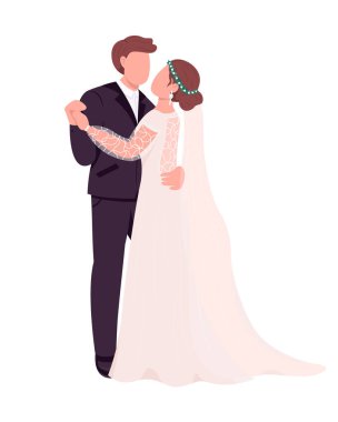 Gelin ve damat yarı düz renk vektör karakterleriyle dans ediyor. Dinamik figürler. Beyazın üstüne tüm vücudu olan insanlar. Düğün, grafik tasarım ve animasyon için izole edilmiş modern çizgi film stili çizimi