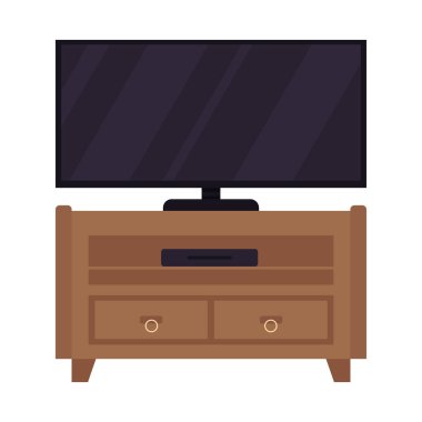 Çekmece yarı düz renk vektör nesnesinde plazma televizyon. Beyaz üzerine gerçekçi bir madde. Ev içi mobilyalar üzerine televizyon grafik tasarım ve animasyon için izole edilmiş modern çizgi film stili illüstrasyonu