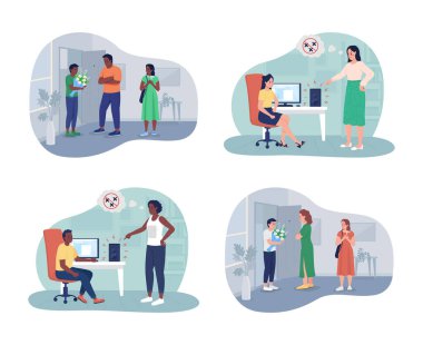 Potansiyel çocuk-ebeveyn problemleri 2D vektör izole çizim kümesi. Kızgın ebeveynler ve çizgi film arka planında yassı karakterler. Gürültülü müzik. Genç kız erkek arkadaş Renkli sahne koleksiyonu