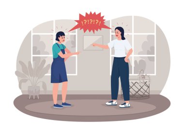 Ebeveynler ve gençler 2D vektörle dövüşüyor. Sinirli genç kız çizgi film arka planında anne düz karakterleri bağırarak tartışıyor. Renkli çocuk sahnesinde ses yükseltiliyor