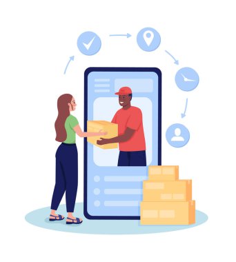 Teslimat sırası düz konsept vektör çizimi uygulaması. Nakliye için mobil uygulama. Profesyonel kurye servisi web tasarımı için beyaz üzerine 2D çizgi film karakterlerini izole etti. Teslimat yaratıcı fikri