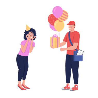 Doğum günü hediyesi teslimatı yarı düz renk vektör karakterler. Etkileşimli figürler. Beyazın üstüne tüm vücudu olan insanlar. Grafik tasarım ve animasyon için mevcut izole edilmiş modern çizgi film stili illüstrasyonunu al