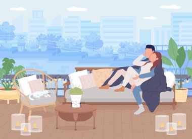 Damdaki düz renk vektör illüstrasyonunda tarih. Erkek ve kadın çatıda kanepede kucaklaşıyorlar. Hygge yaşam tarzı. Karı koca battaniyeye sarılıp arka planda 2D çizgi film karakterlerine bürünmüş.