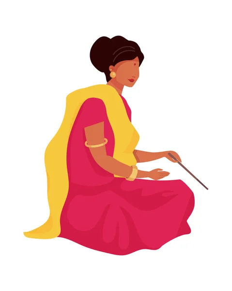 Donna Nel Tradizionale Carattere Vettoriale Colore Semi Piatto Sari Una — Vettoriale Stock