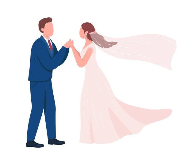 Los Recién Casados Felices Toman Mano Caracteres Vectoriales Color Semi — Archivo Imágenes Vectoriales