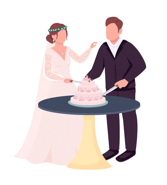 케이크를 반평평 캐릭터로 부부들 다이나믹 옷입은 사람들 결혼식 전통은 그래픽 — 스톡 벡터