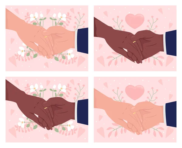 Romantische Heiratsantrag Flache Farbvektor Illustrationsset Frau Und Mann Halten Händchen — Stockvektor