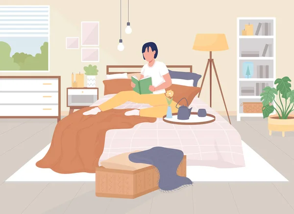 Membaca Gambar Vektor Warna Rata Tempat Tidur Pastime Rumah Gaya - Stok Vektor