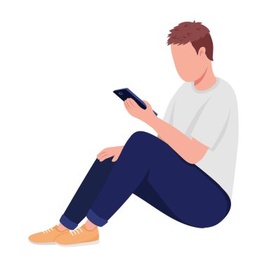 Ergen çocuk akıllı telefon yarı düz renk vektör karakterine bakıyor. Beyazın üzerinde tam vücut insan. Gençlik hayatı, grafik tasarım ve animasyon için modern çizgi film stili çizimlerini izole etti