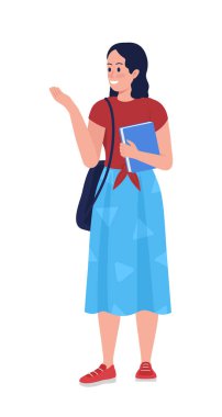 Gülümseyen üniversite öğrencisi yarı düz renk vektör karakter. Ayakta duran figür. Beyazın üzerinde tam vücut insan. Liseliler grafik tasarım ve animasyon için modern çizgi film stili çizimlerini izole ettiler