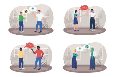 Ebeveynler ile anlaşmazlık 2D vektör izole çizim seti. Karikatür arka planında anne ve babasıyla tartışan üzgün bir genç. Ergenlik dönemi renkli sahne koleksiyonu