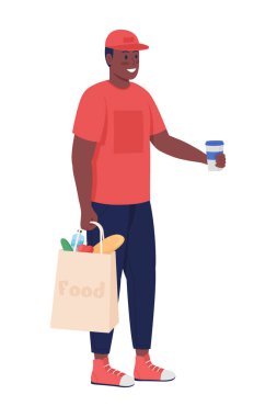 Courier delivering coffee semi flat color vector character. Posing figure. Full body person on white. Worker with takeout isolated modern cartoon style illustration for graphic design and animation vector