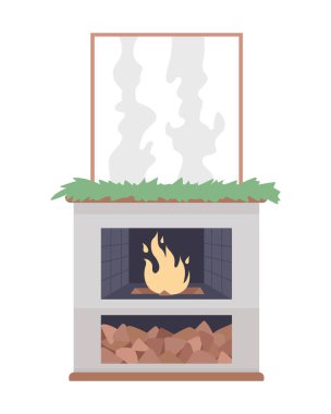 Modern şömine yarı düz renk vektör ögesi. Beyaz üzerine gerçekçi bir nesne. Oturma odası. Konforlu ev dekorasyonu grafik tasarım ve animasyon için izole edilmiş modern çizgi film stili çizimi