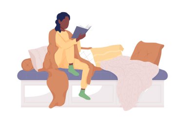Kız koltukta yarı düz renk vektör karakterleri okuyor. Etkileşimli figürler. Beyazın üstüne tüm vücudu olan insanlar. Hygge yaşam tarzı, grafik tasarım ve animasyon için izole edilmiş modern çizgi film stili çizimi