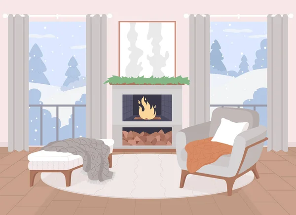 Scandinavian Living Room Flat Color Vector Illustration Fireplace Warmth Comfortable — Stock vektor